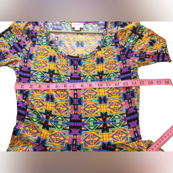 Lularoe Nicole Geometric Printed Midi Dress Size M Yellow Purple Short Sleeves - Picture 10 of 10